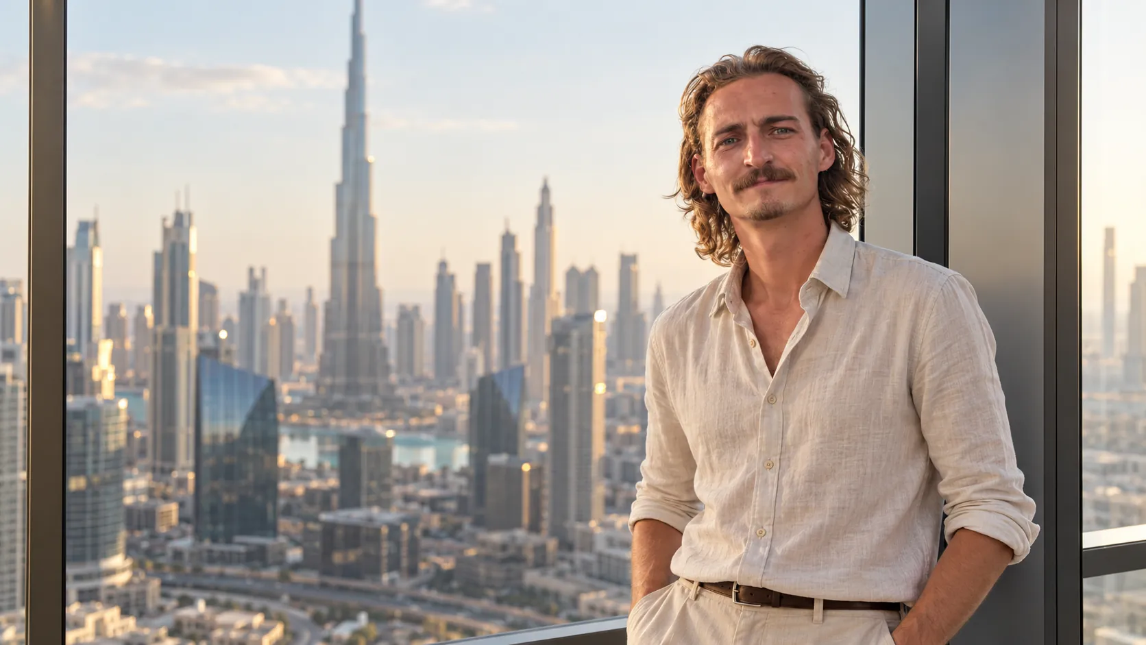 Ben Sauerborn by a window overlooking the Dubai skyline