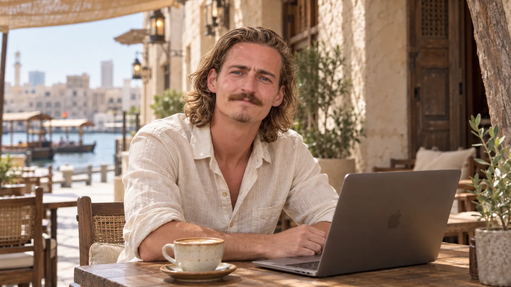 Ben Sauerborn working on a laptop in a bright Dubai cafe